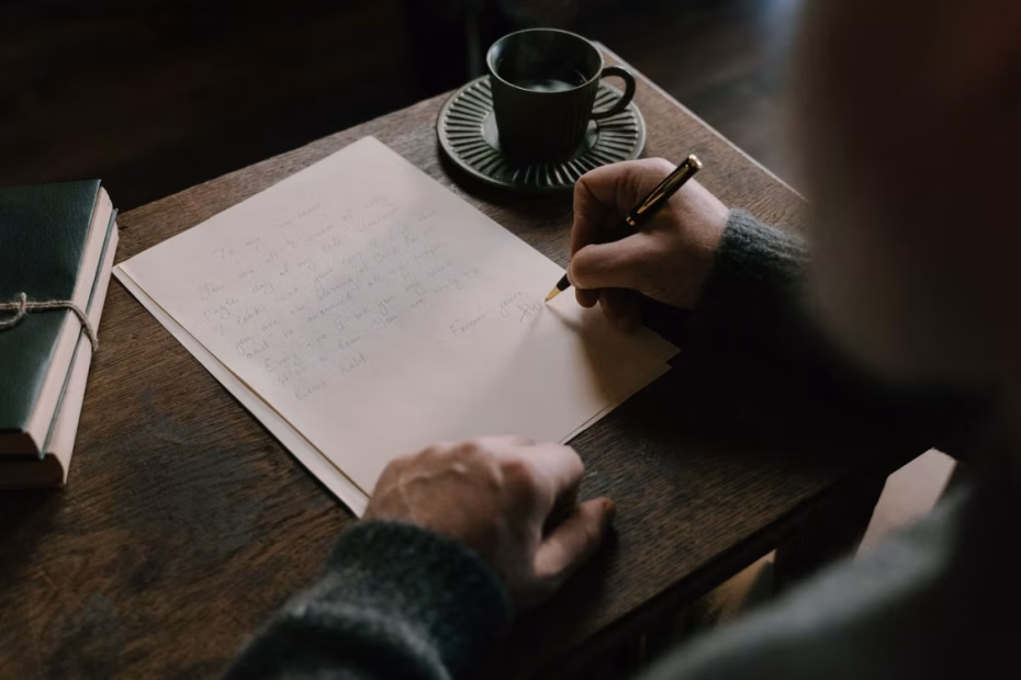 unas manos escribiendo una carta sobre una mesa, junto a la carta se ve una taza con café.