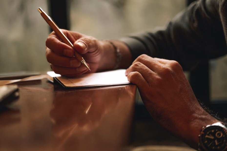 manos de un señor escribiendo sobre un papel una carta este señor está sentado frente a una mesa